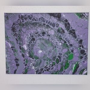 Hand made 12"x16"x1/2" pour painting using purple, black, and green